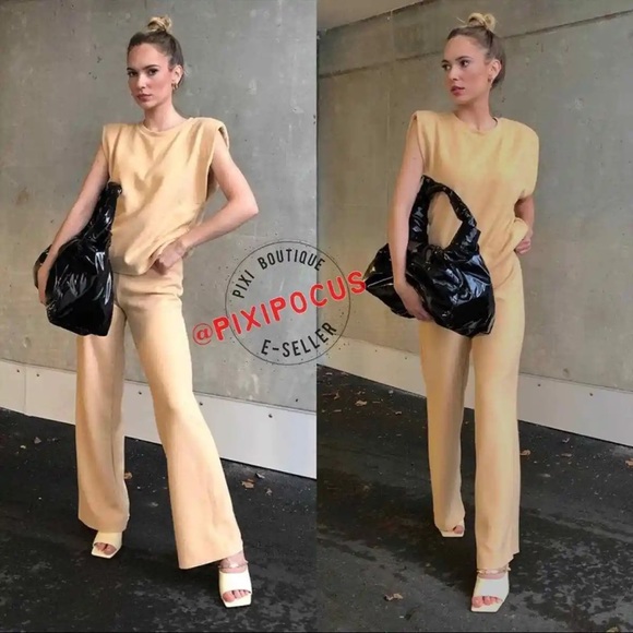 Zara 2 piece set - knit shoulder pad tee & matching pants tan lounge set - Picture 6 of 12